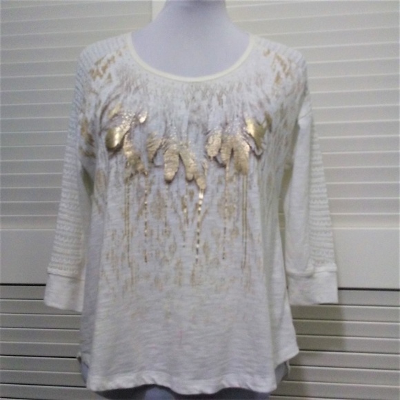 Miss Me Tops - Miss Me Hi Low Gold Feather Print Long Sleeve Tee